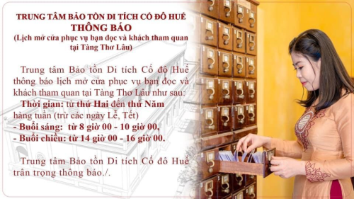 Mở cửa miễn phí tham quan và đọc sách tại Tàng Thơ Lâu trong Kinh thành Huế