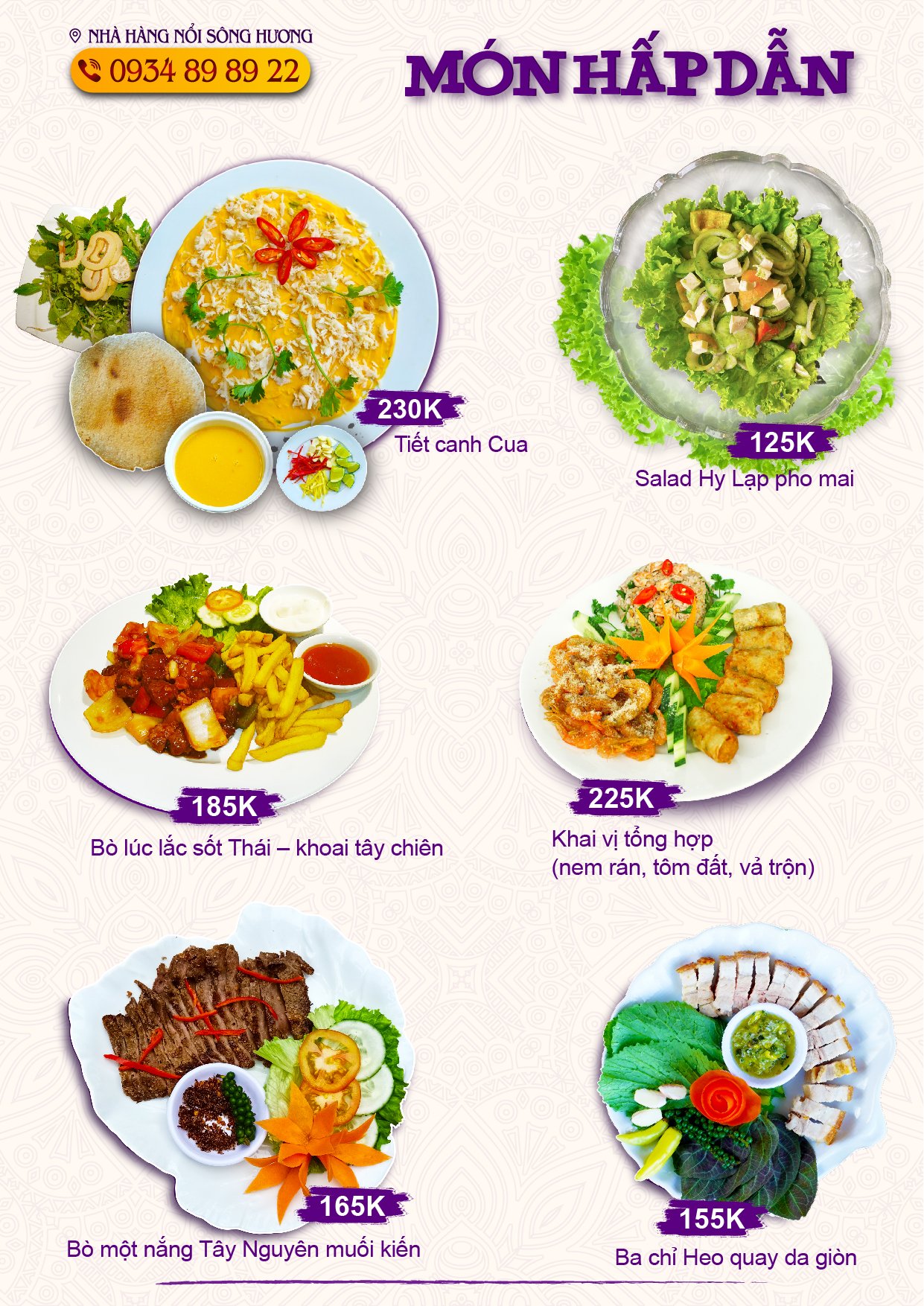 Menu nhà hàng nổi sông Hương