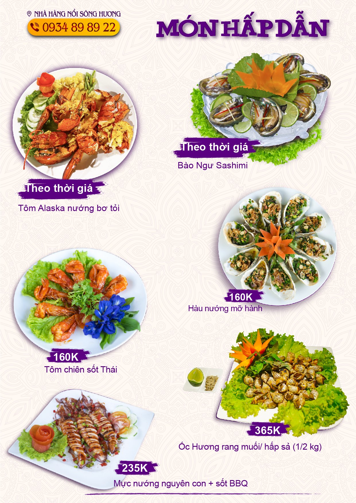 Menu nhà hàng nổi sông Hương