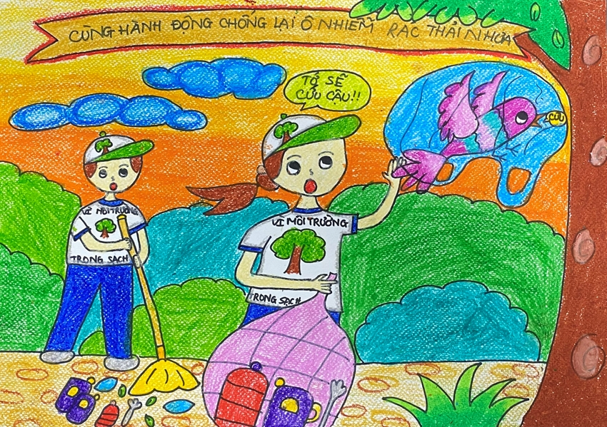 Tác phẩm "Cùng hành động chống lại ô nhiễm rác thải nhựa" của em Nguyễn Hoàng Khánh Linh, học sinh Trường TH Lê Lợi