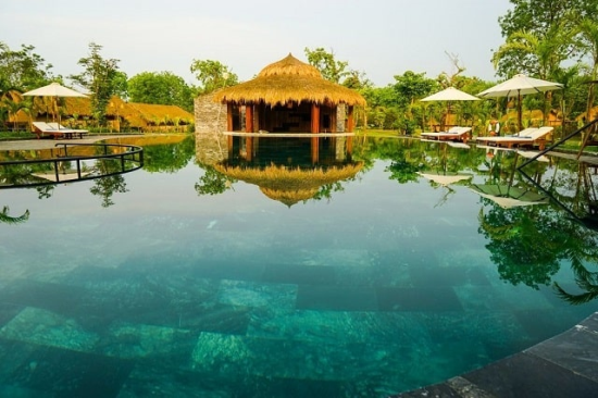 Panoramic view of Alba Wellness Resort as a village with a small road and two rows of bamboo leading to the resort