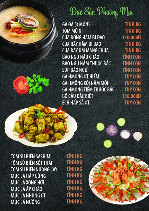 Menu tại nhà hàng Phương Mai, Huế