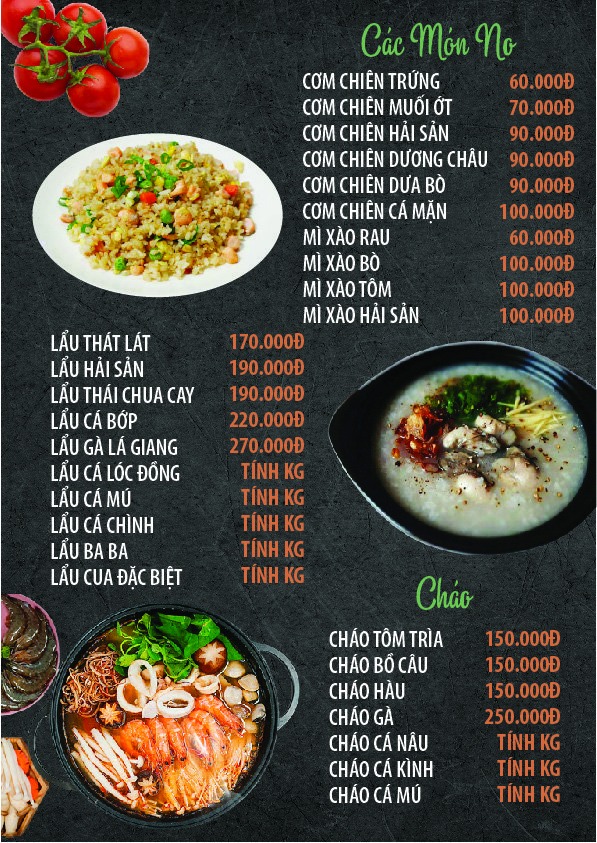 Menu tại nhà hàng Phương Mai, Huế