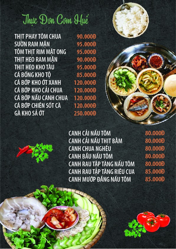 Menu tại nhà hàng Phương Mai, Huế