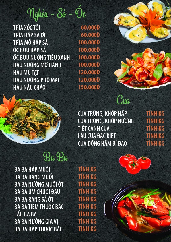 Menu tại nhà hàng Phương Mai, Huế